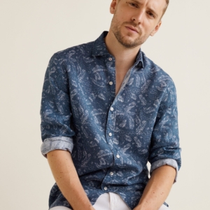Slim-fit leaf-print linen shirt